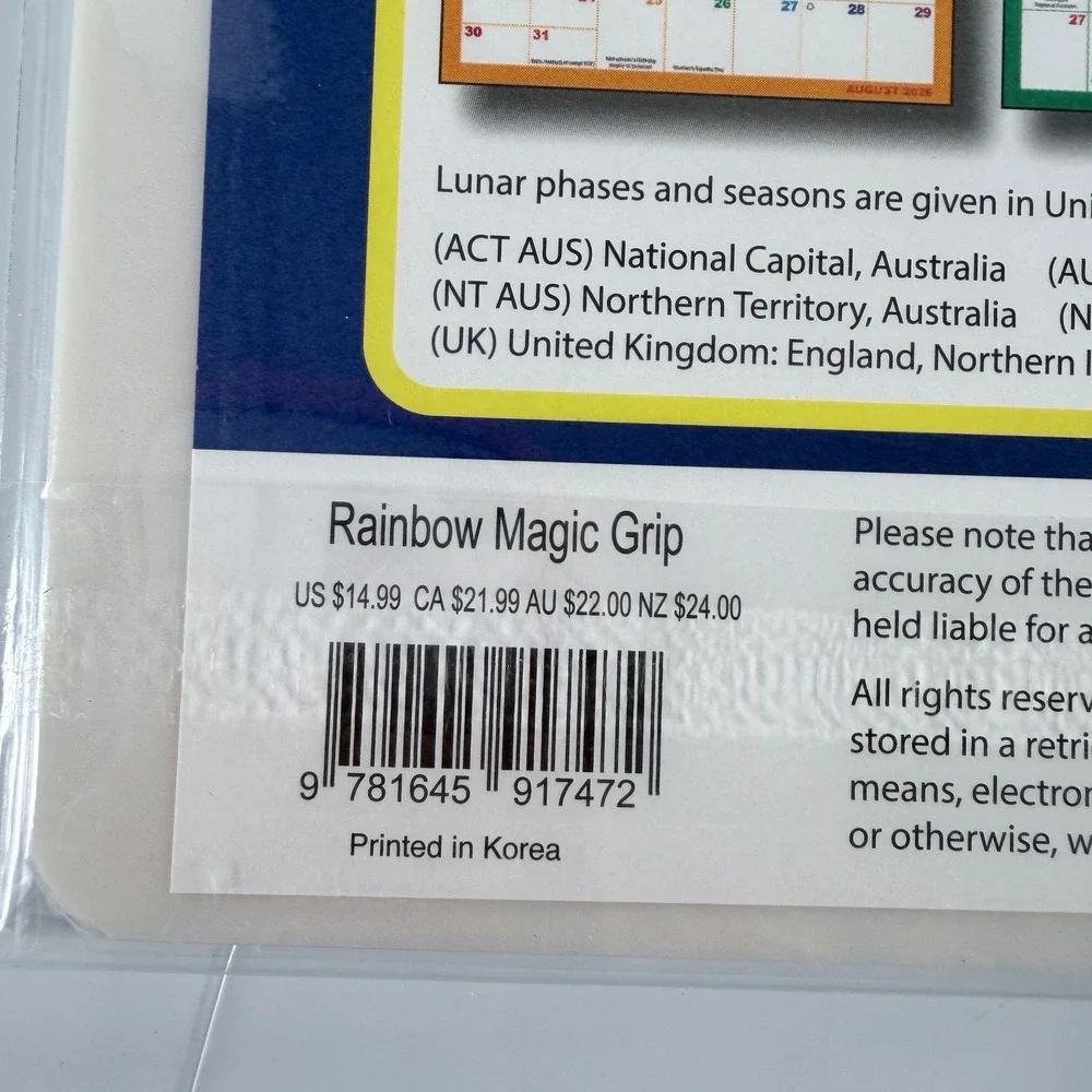 2026 Calendar Ink Rainbow Magic Grip 16-Month Wall Calendar 10x10 NWT